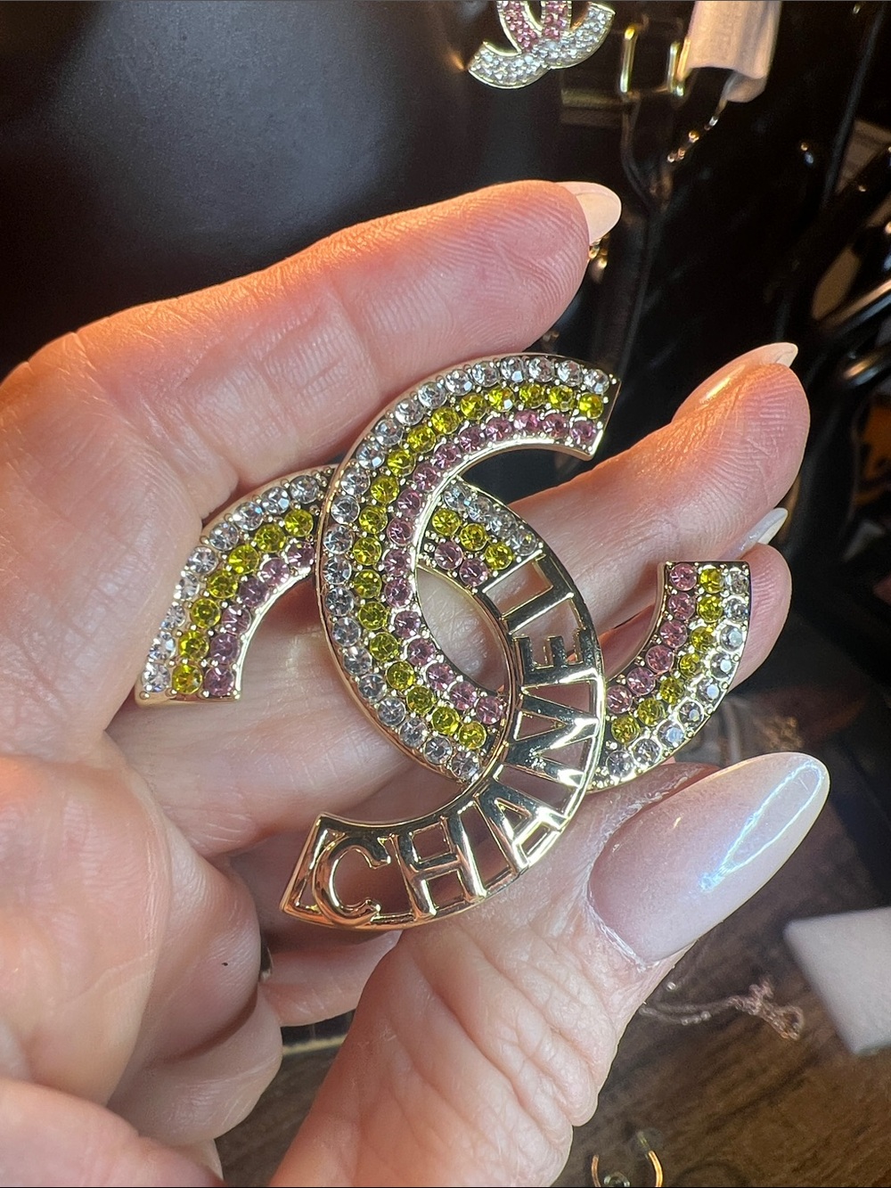 Gold Logo Brooch with Pink, Yellow & Clear Crystals